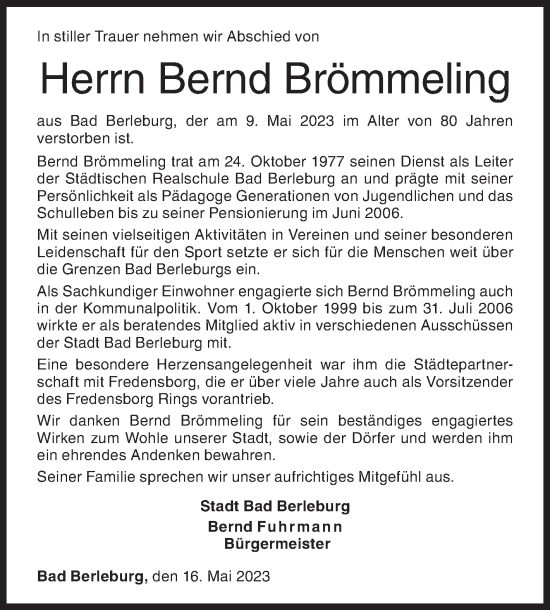Traueranzeige von Bernd Brömmeling von Siegener Zeitung