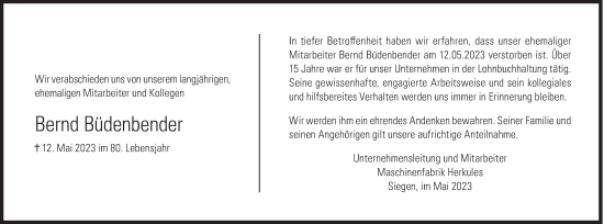 Traueranzeige von Bernd Büdenbender von Siegener Zeitung