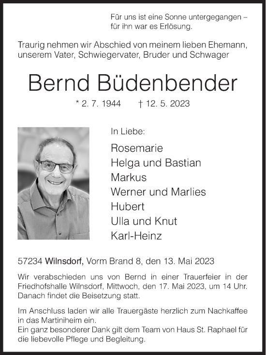 Traueranzeige von Bernd Büdenbender von Siegener Zeitung
