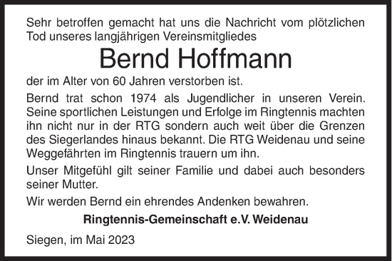Traueranzeige von Bernd Hoffmann von Siegener Zeitung