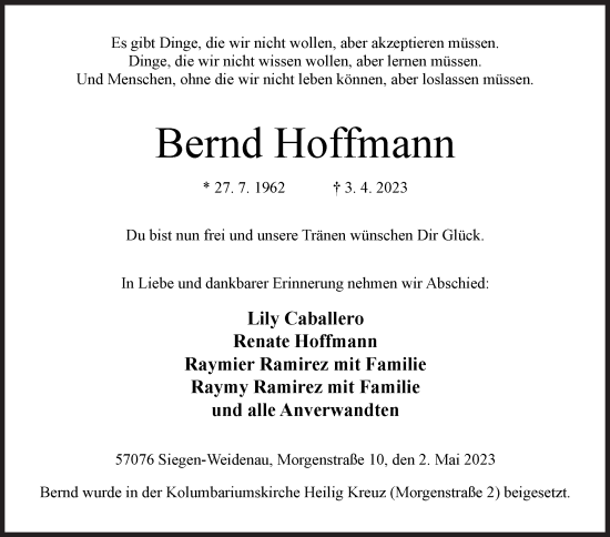 Traueranzeige von Bernd Hoffmann von Siegener Zeitung