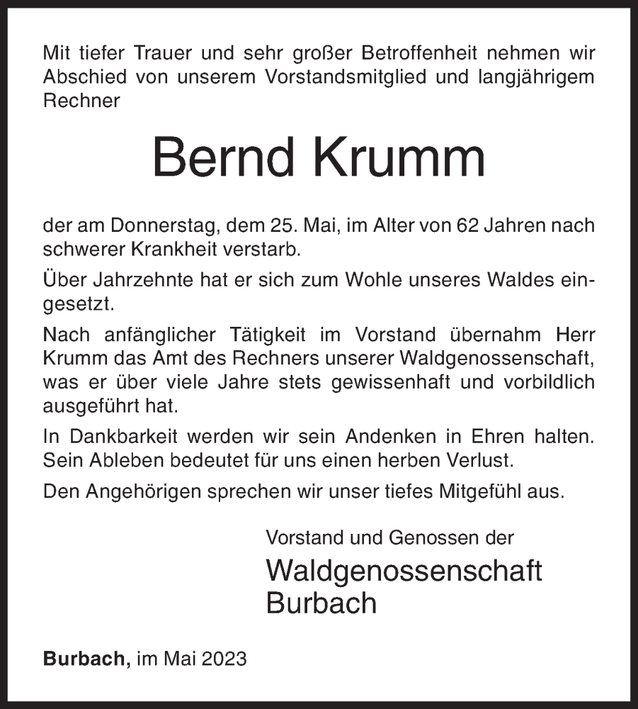  Traueranzeige für Bernd Krumm vom 31.05.2023 aus Siegener Zeitung