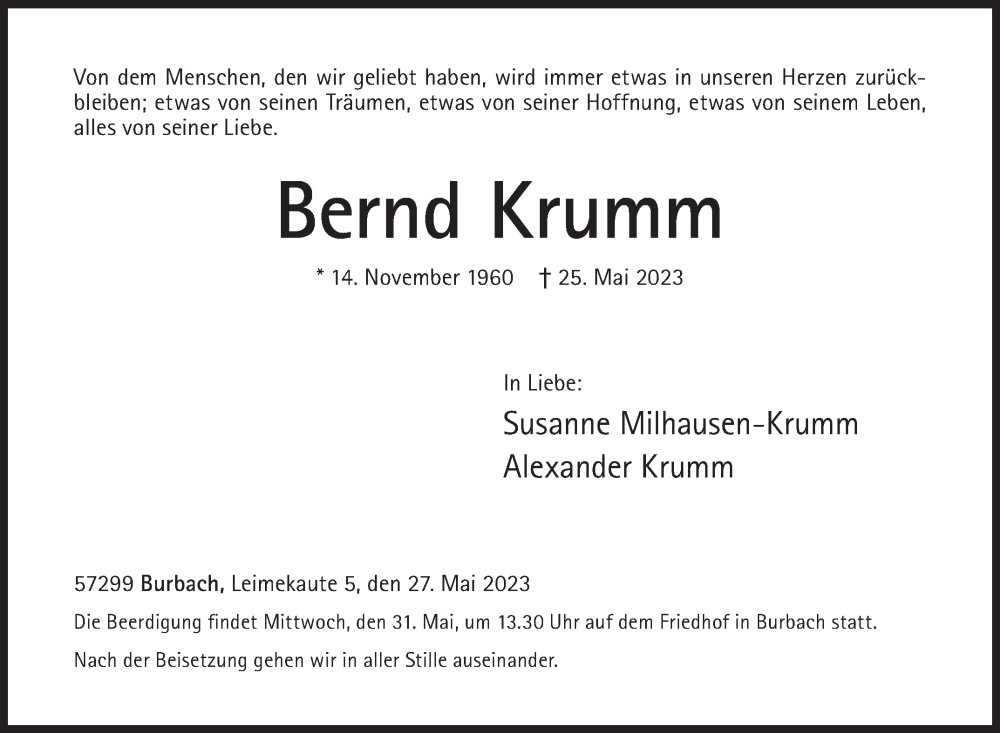  Traueranzeige für Bernd Krumm vom 27.05.2023 aus Siegener Zeitung