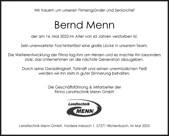 Traueranzeige von Bernd Menn von Siegener Zeitung