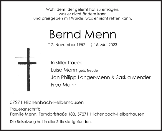 Traueranzeige von Bernd Menn von Siegener Zeitung