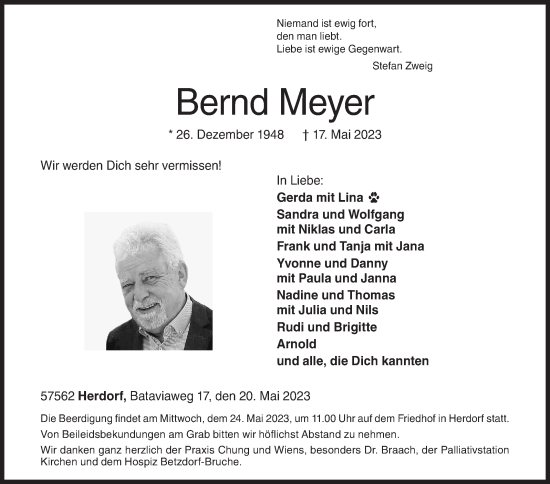 Traueranzeige von Bernd Meyer von Siegener Zeitung