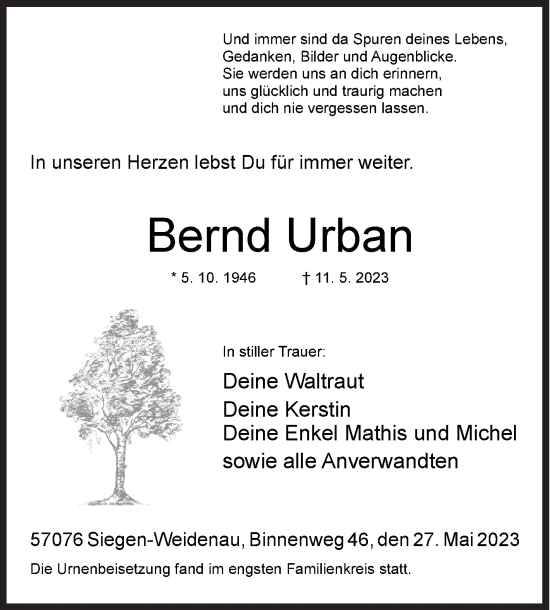 Traueranzeige von Bernd Urban von Siegener Zeitung