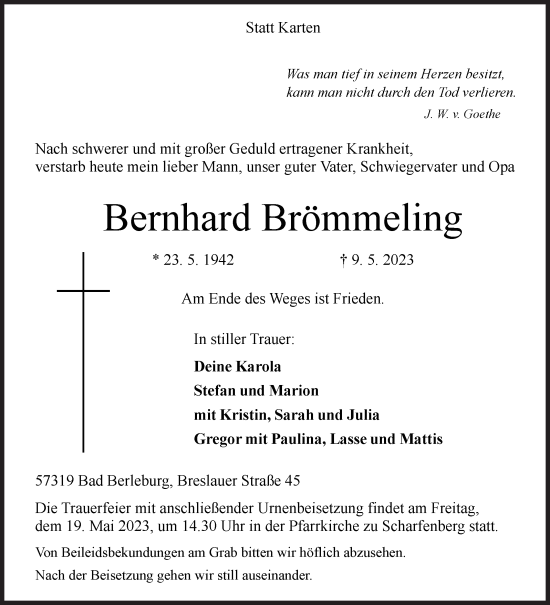 Traueranzeige von Bernhard Brömmeling von Siegener Zeitung