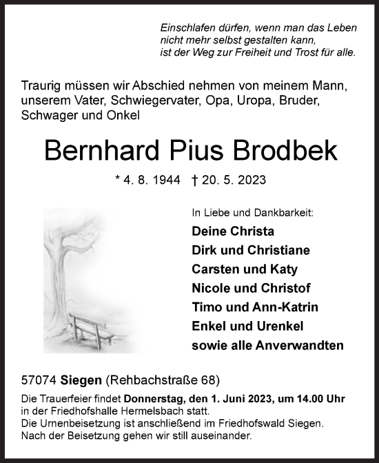Traueranzeige von Bernhard Pius Brodbek von Siegener Zeitung