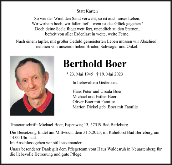 Traueranzeige von Berthold Boer von Siegener Zeitung