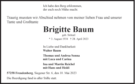 Traueranzeige von Brigitte Baum von Siegener Zeitung