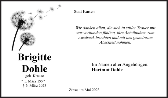 Traueranzeige von Brigitte Dohle von Siegener Zeitung