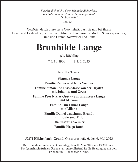 Traueranzeige von Brunhilde Lange von Siegener Zeitung