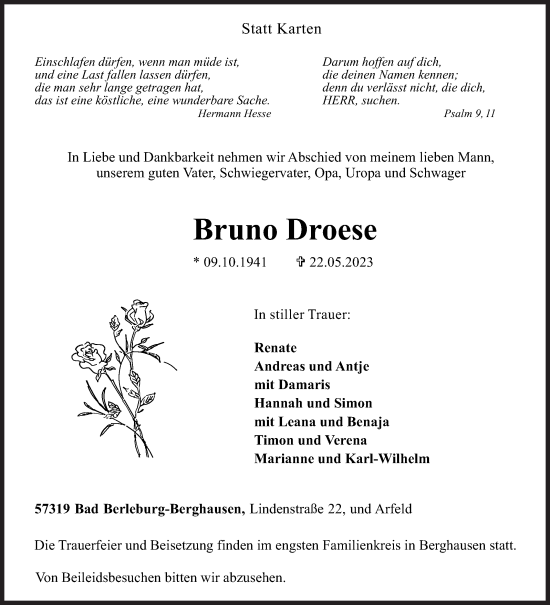 Traueranzeige von Bruno Droese von Siegener Zeitung