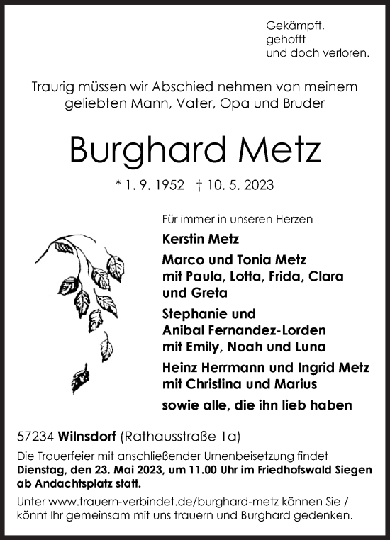 Traueranzeige von Burghard Metz von Siegener Zeitung