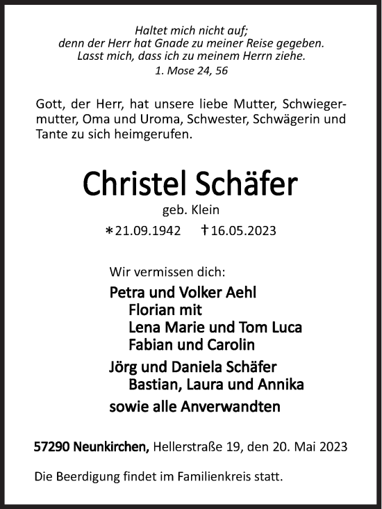 Traueranzeige von Christel Schäfer von Siegener Zeitung