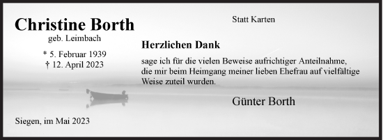 Traueranzeige von Christine Borth von Siegener Zeitung
