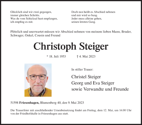 Traueranzeige von Christoph Steiger von Siegener Zeitung
