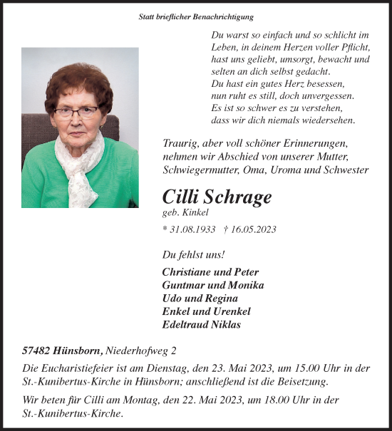 Traueranzeige von Cilli Schrage von Siegener Zeitung