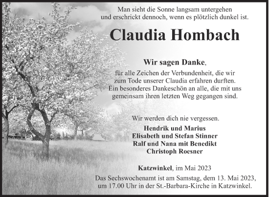 Traueranzeige von Claudia Hombach von Siegener Zeitung