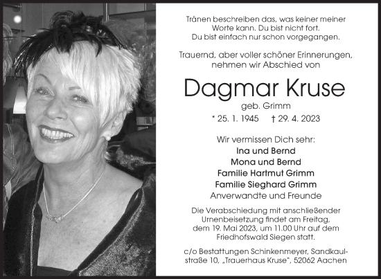 Traueranzeige von Dagmar Kruse von Siegener Zeitung