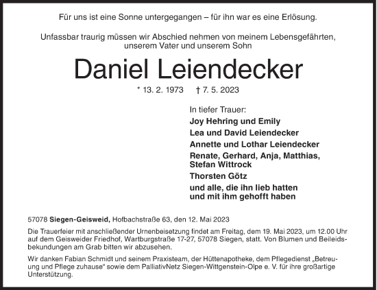 Traueranzeige von Daniel Leinedecker von Siegener Zeitung