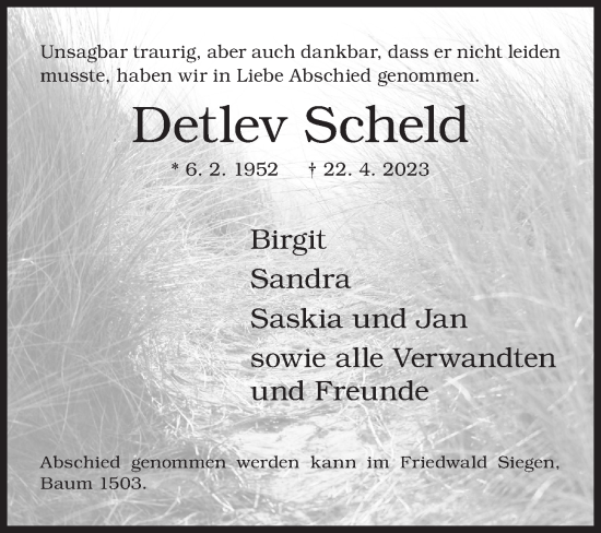 Traueranzeige von Detlev Scheld von Siegener Zeitung