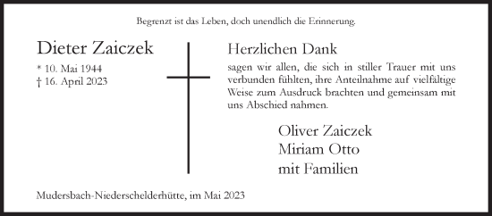 Traueranzeige von Dieter Zaiczek von Siegener Zeitung