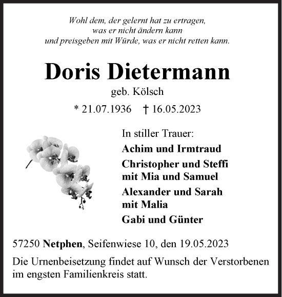 Traueranzeige von Doris Dietermann von Siegener Zeitung