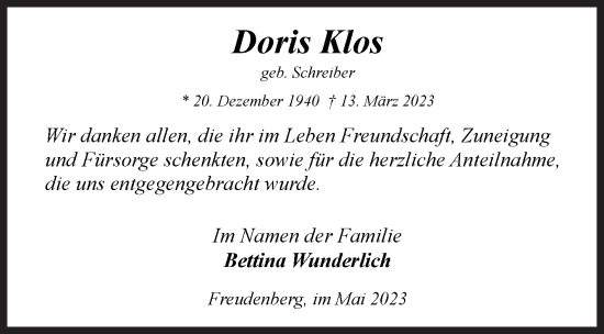 Traueranzeige von Doris Klos von Siegener Zeitung
