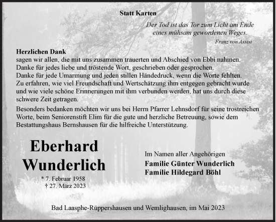 Traueranzeige von Eberhard Wunderlich von Siegener Zeitung