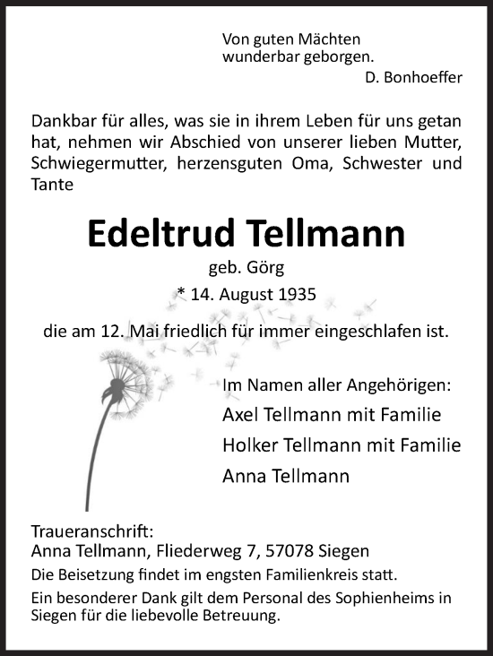 Traueranzeige von Edeltrud Tellmann von Siegener Zeitung