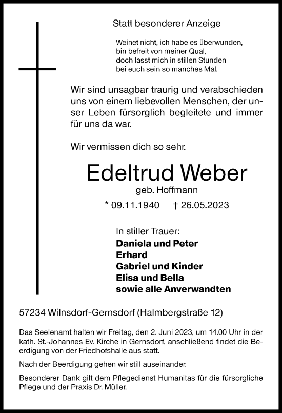 Traueranzeige von Edeltrud Weber von Siegener Zeitung