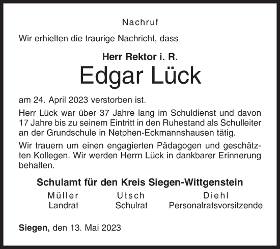 Traueranzeige von Edgar Lück von Siegener Zeitung