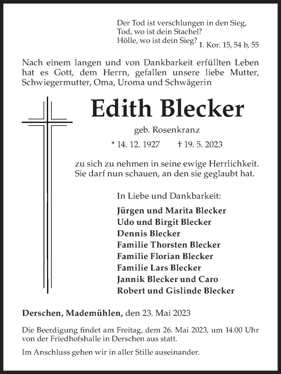 Traueranzeige von Edith Blecker von Siegener Zeitung