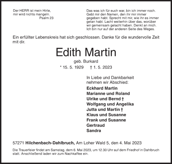 Traueranzeige von Edith Martin von Siegener Zeitung