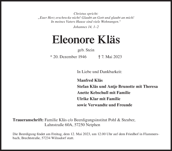 Traueranzeige von Eleonore Kläs von Siegener Zeitung