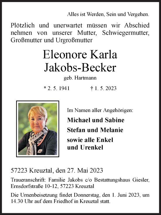 Traueranzeige von Eleonore Karla Jakobs-Becker von Siegener Zeitung