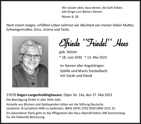 Traueranzeige von Elfriede Hees von Siegener Zeitung