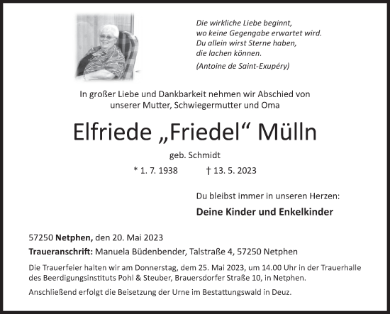 Traueranzeige von Elfriede Mülln von Siegener Zeitung