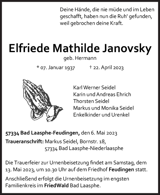 Traueranzeige von Elfriede Mathilde Janovsky von Siegener Zeitung