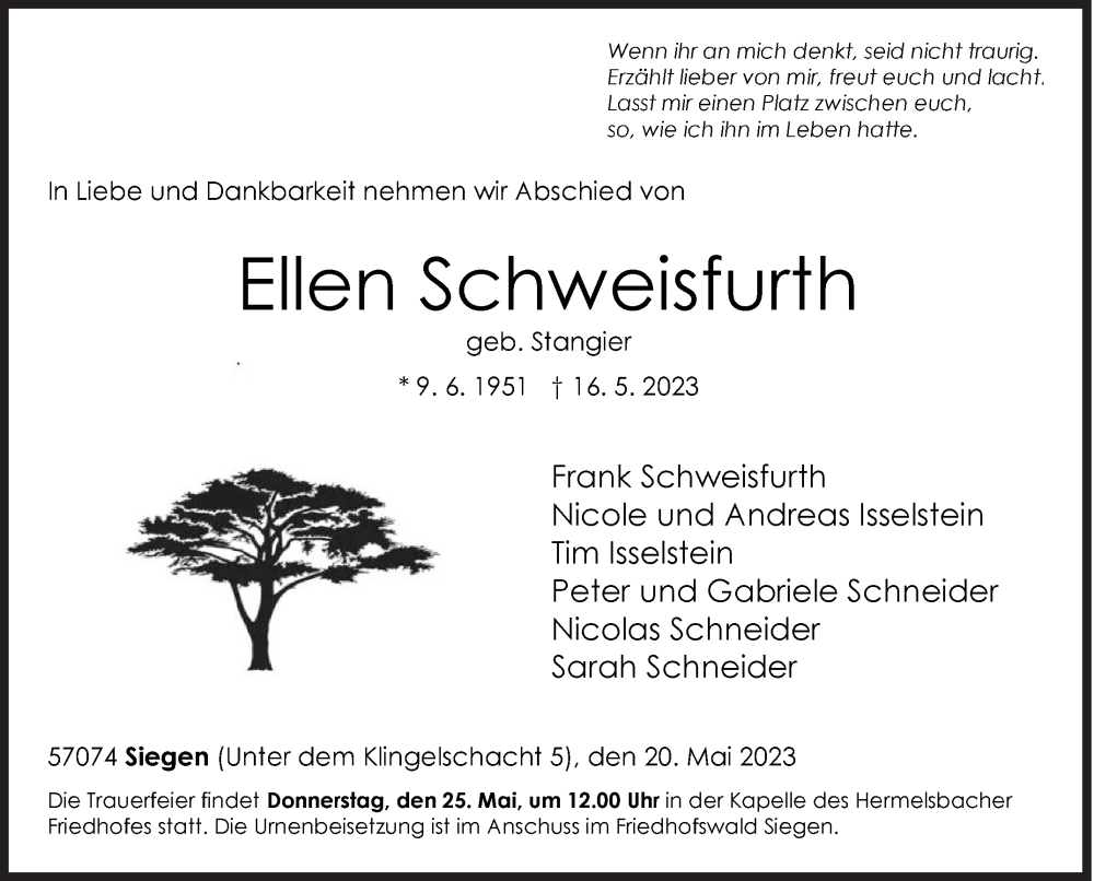  Traueranzeige für Ellen Schweisfurth vom 20.05.2023 aus Siegener Zeitung
