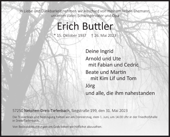 Traueranzeige von Erich Buttler von Siegener Zeitung