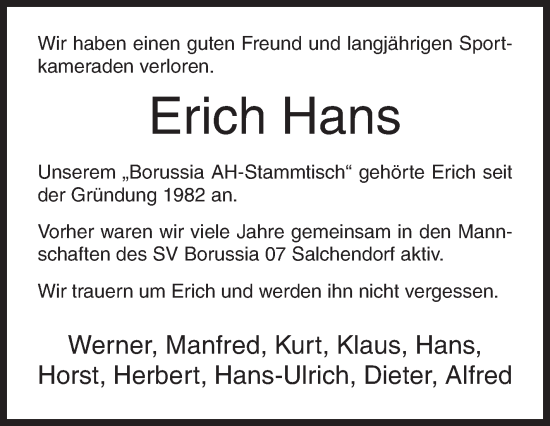 Traueranzeige von Erich Hans von Siegener Zeitung