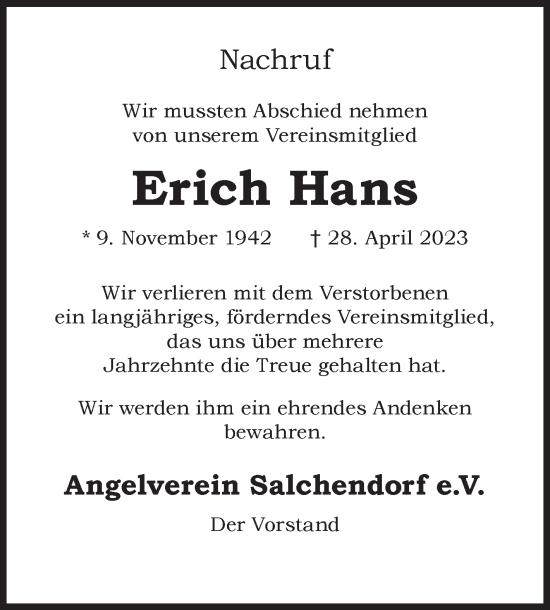 Traueranzeige von Erich Hans von Siegener Zeitung