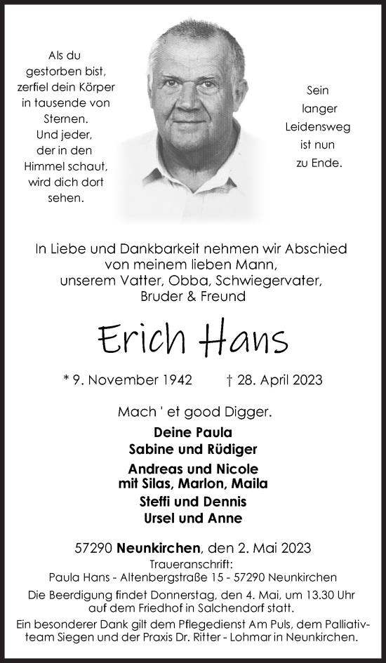 Traueranzeige von Erich Hans von Siegener Zeitung