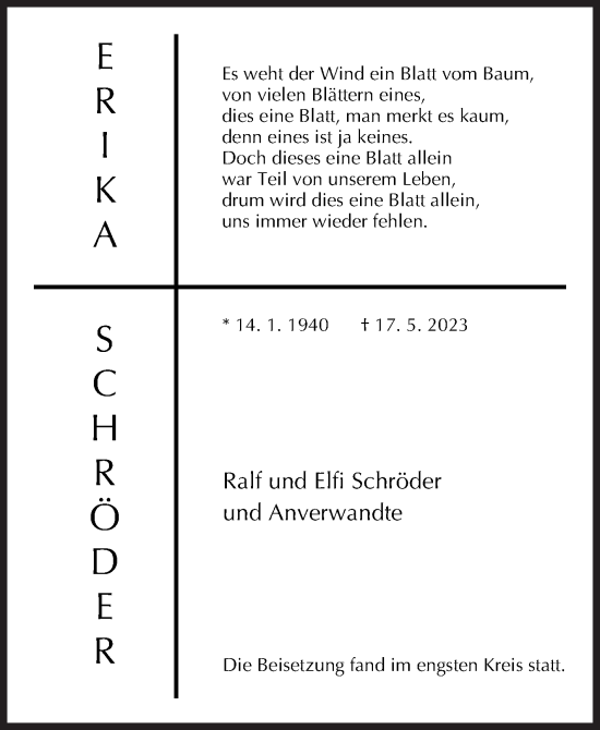 Traueranzeige von Erika Schröder von Siegener Zeitung