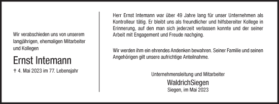 Traueranzeige von Ernst Intemann von Siegener Zeitung