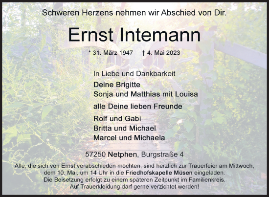 Traueranzeige von Ernst Intemann von Siegener Zeitung