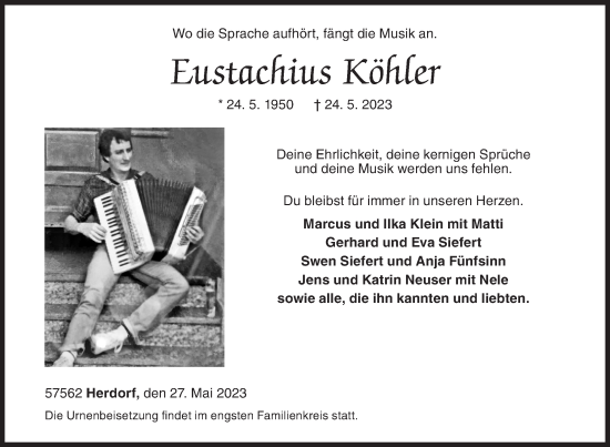 Traueranzeige von Eustachius Köhler von Siegener Zeitung